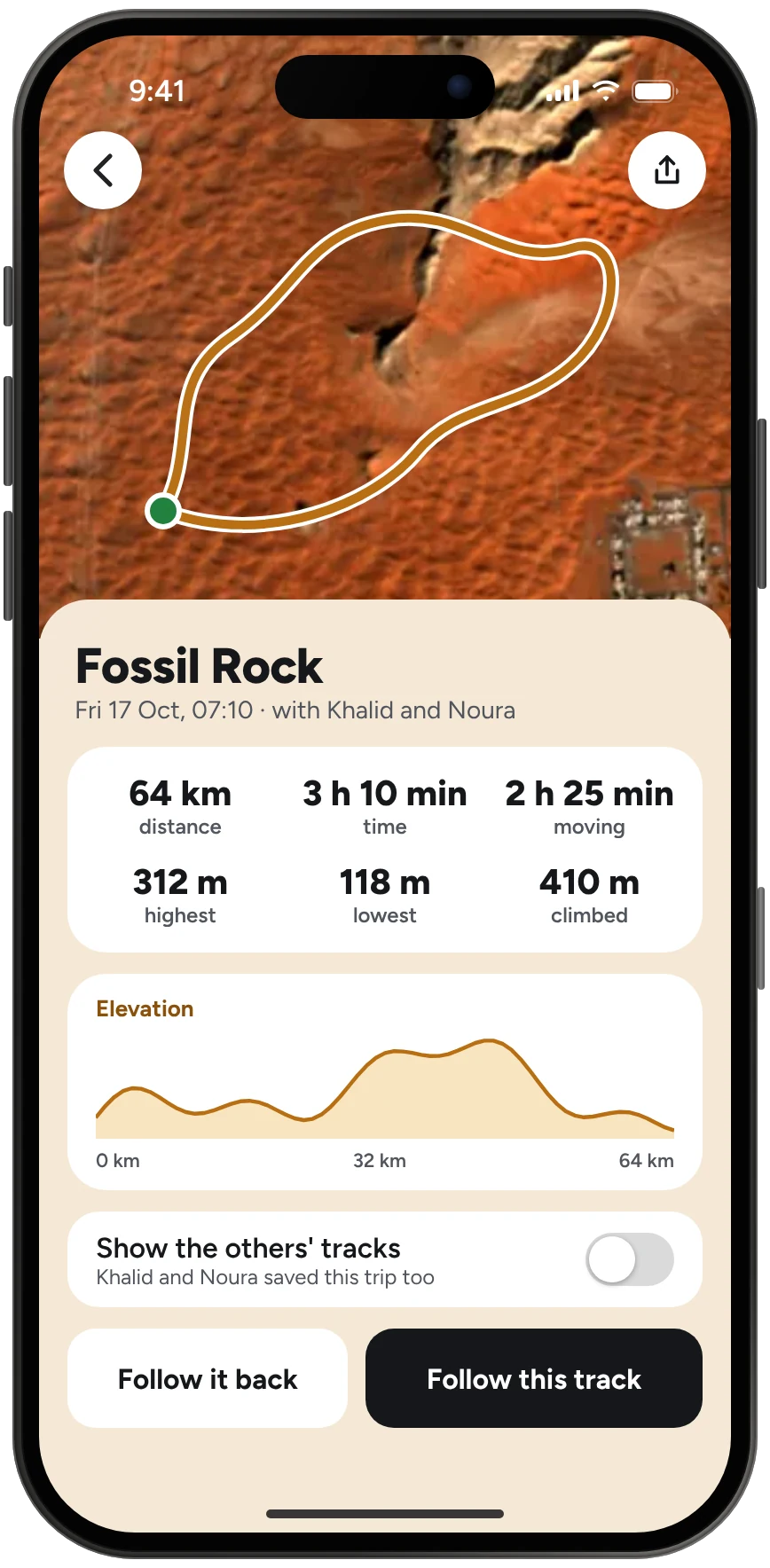 A saved trip with its elevation